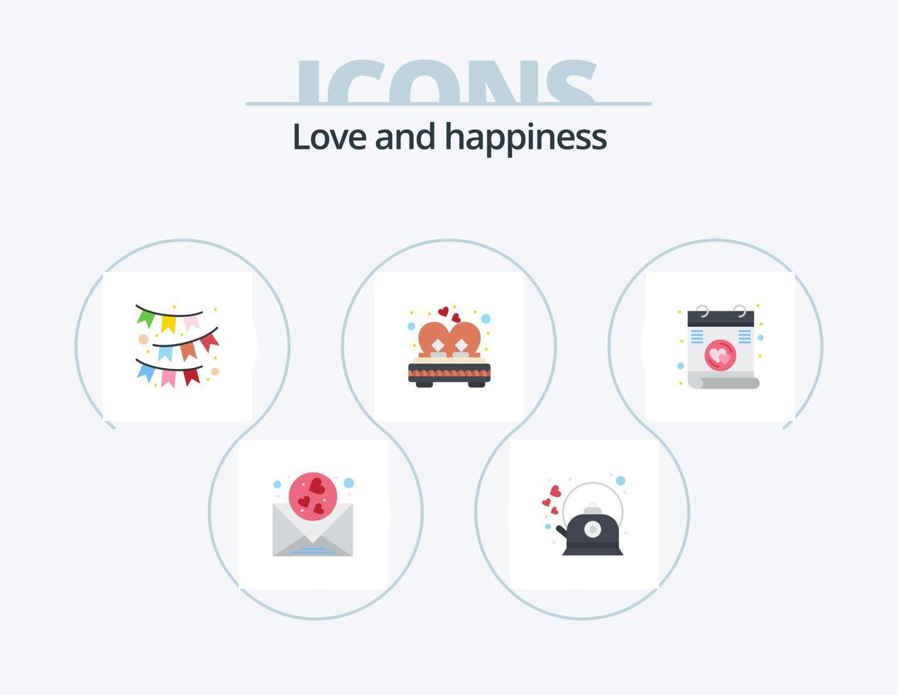 liefde vlak icoon pak 5 icoon ontwerp. romantiek. liefde. pot. paar. lint vector