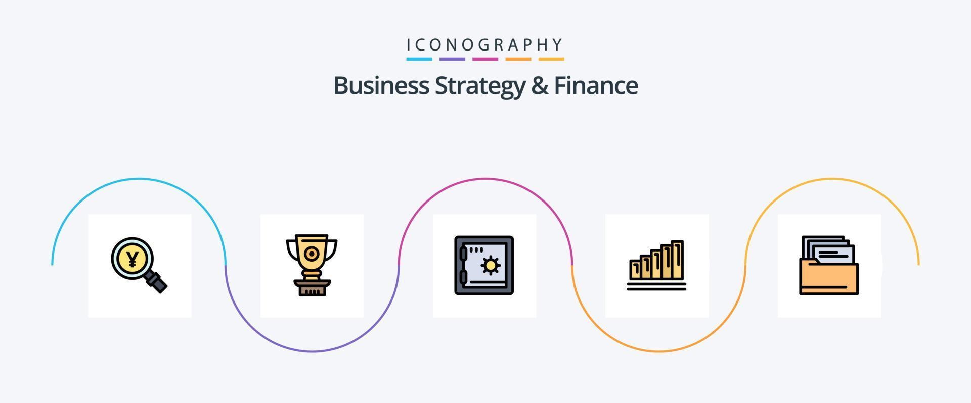 bedrijf strategie en financiën lijn gevulde vlak 5 icoon pak inclusief map. grafiek. prestatie. grafiek. veilig vector