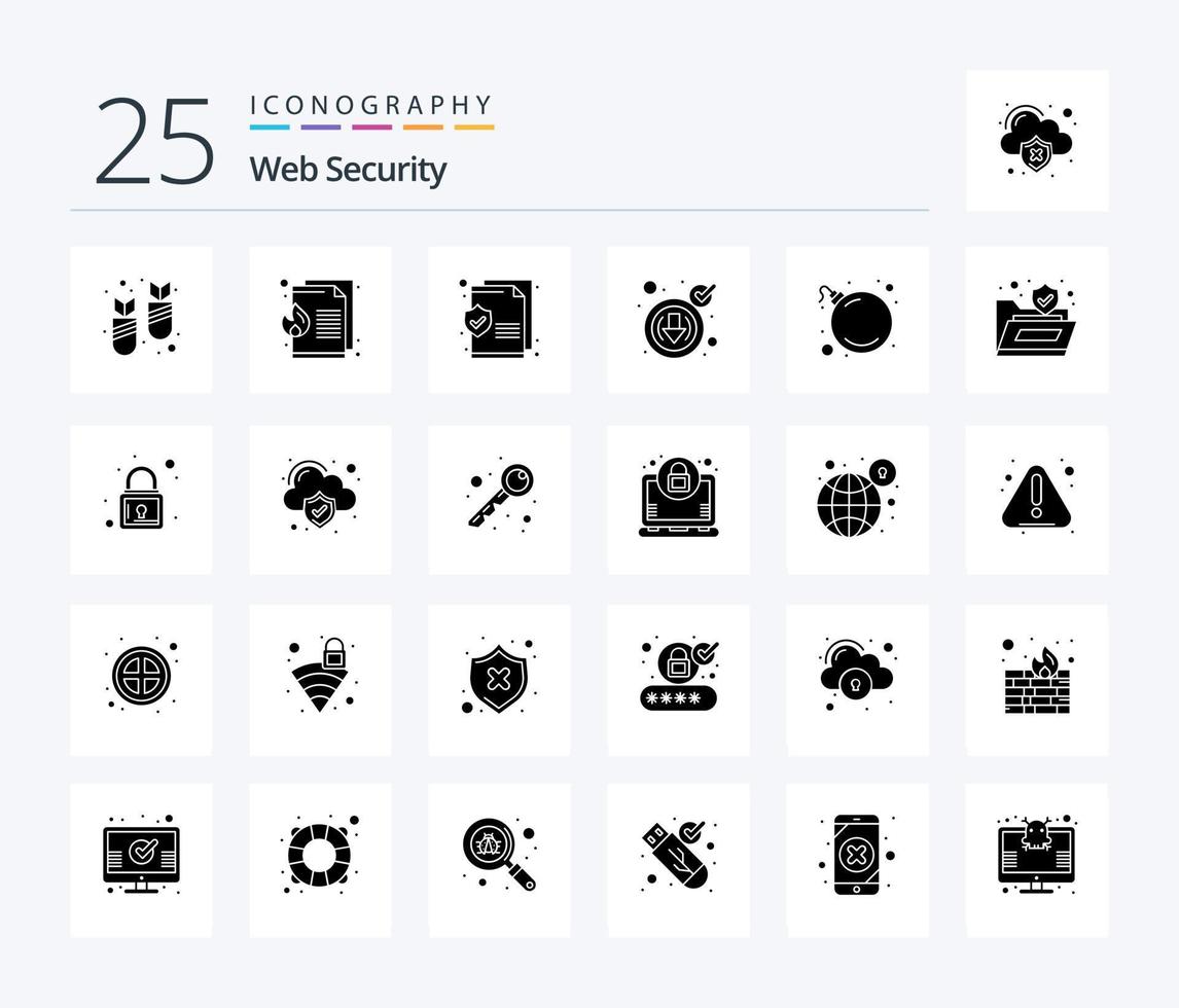 web veiligheid 25 solide glyph icoon pak inclusief virus. bom. document. downloaden. cyber vector