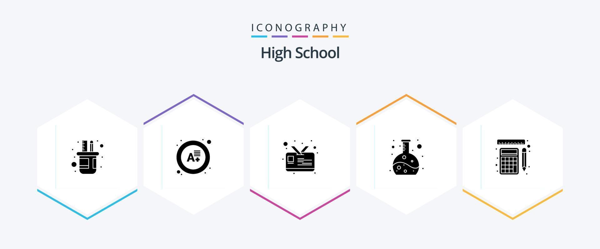 hoog school- 25 glyph icoon pak inclusief . heersers. ID kaart. hulpmiddelen. fles vector