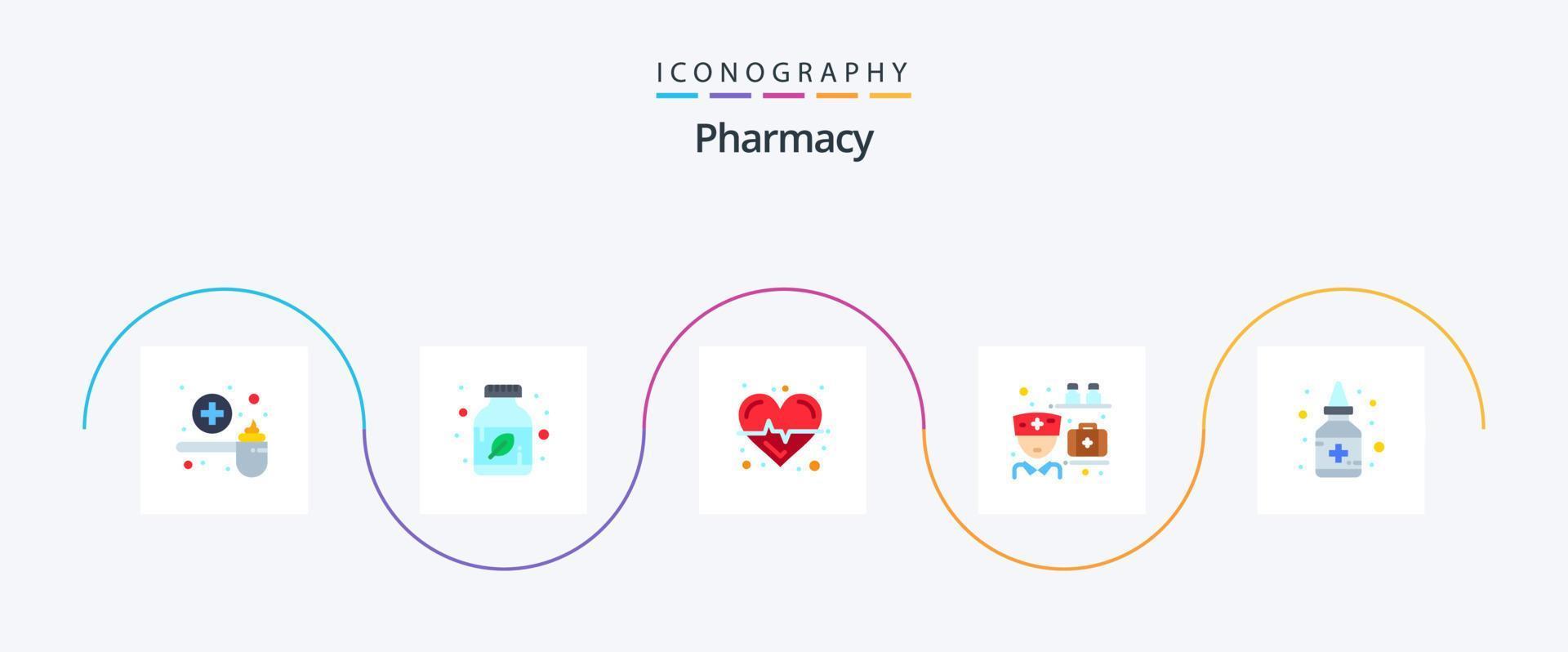 apotheek vlak 5 icoon pak inclusief fles. apotheker. kruiden geneesmiddel. geneesmiddel. zorg vector