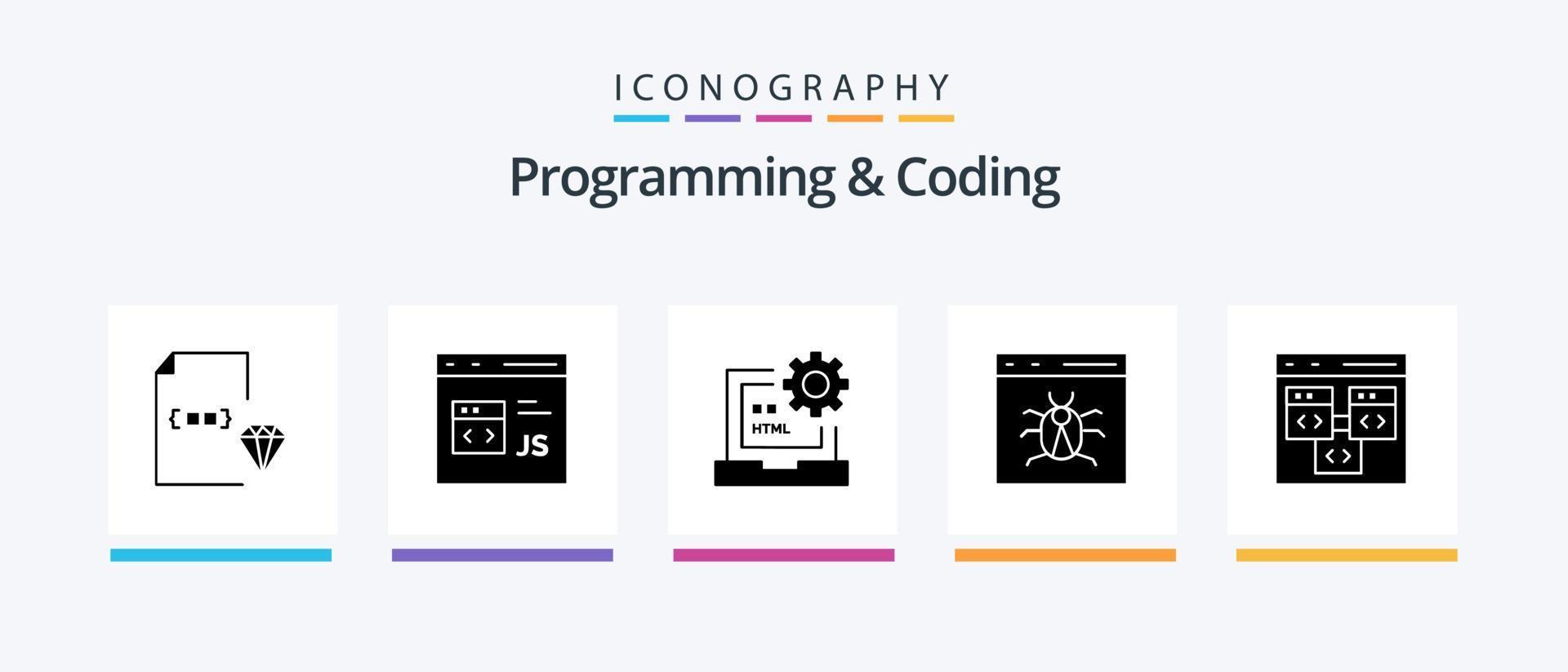 programmering en codering glyph 5 icoon pak inclusief beestje. app. ontwikkeling. html. ontwikkelen. creatief pictogrammen ontwerp vector