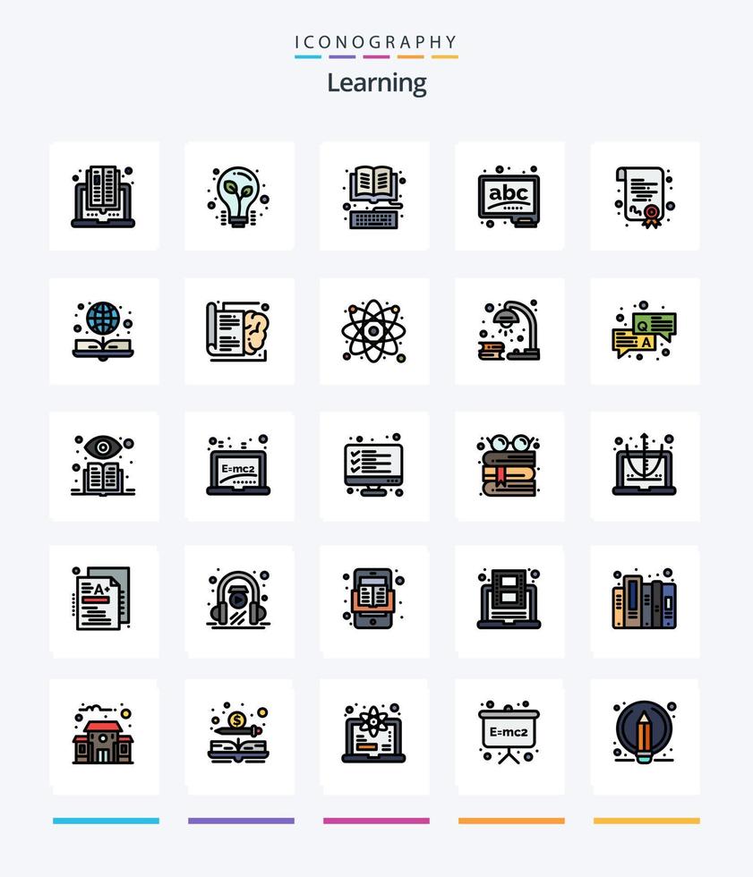 creatief aan het leren 25 lijn gevulde icoon pak zo net zo certificering. krijt. boek. bord. online vector
