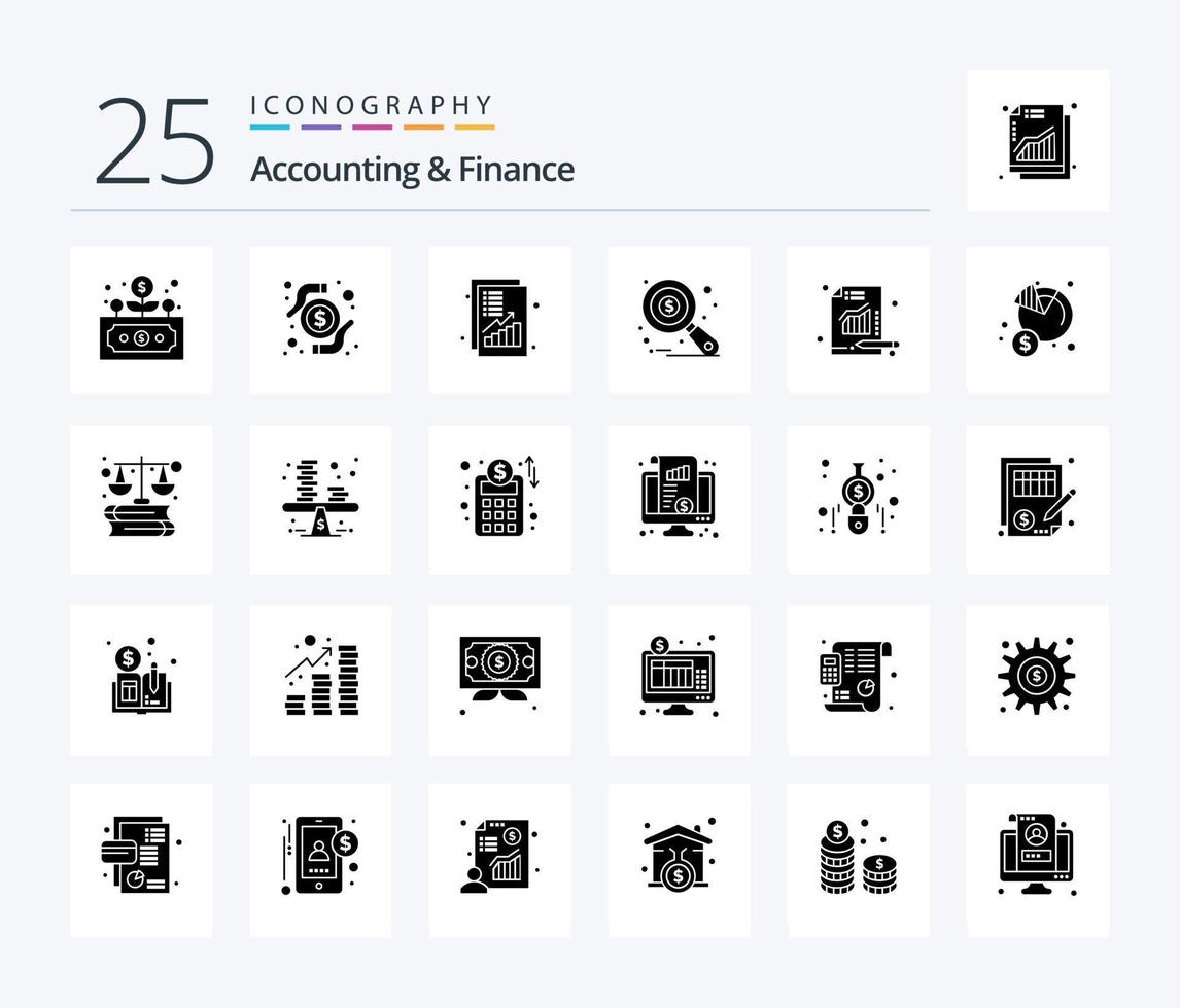 accounting en financiën 25 solide glyph icoon pak inclusief analyses. gegevens analyse. analyse. auditing. omzet vector