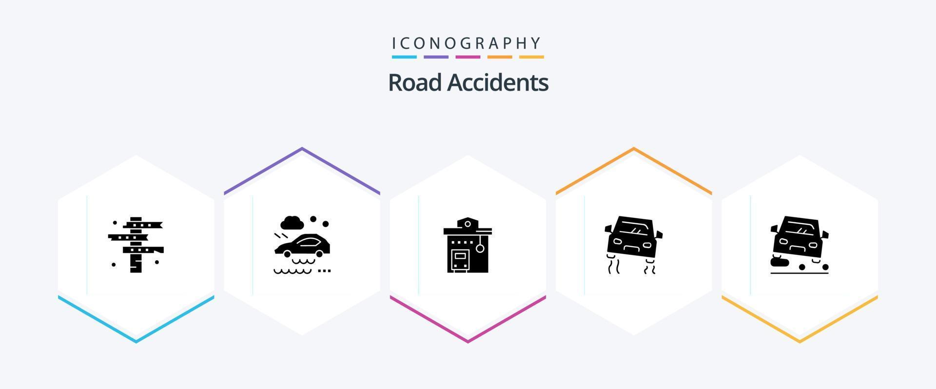 weg ongevallen 25 glyph icoon pak inclusief Slipgevaar. auto. nat weg. ongeluk. station vector