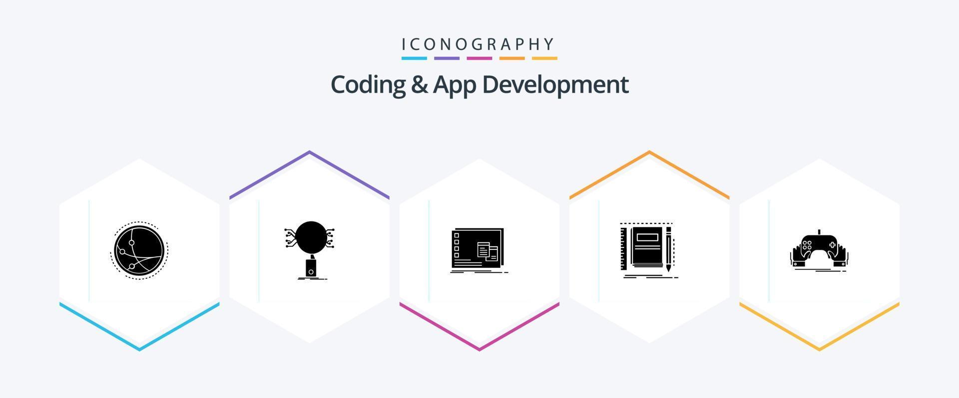 codering en app ontwikkeling 25 glyph icoon pak inclusief kladblok. boek. Onderzoek. programma. operationeel vector