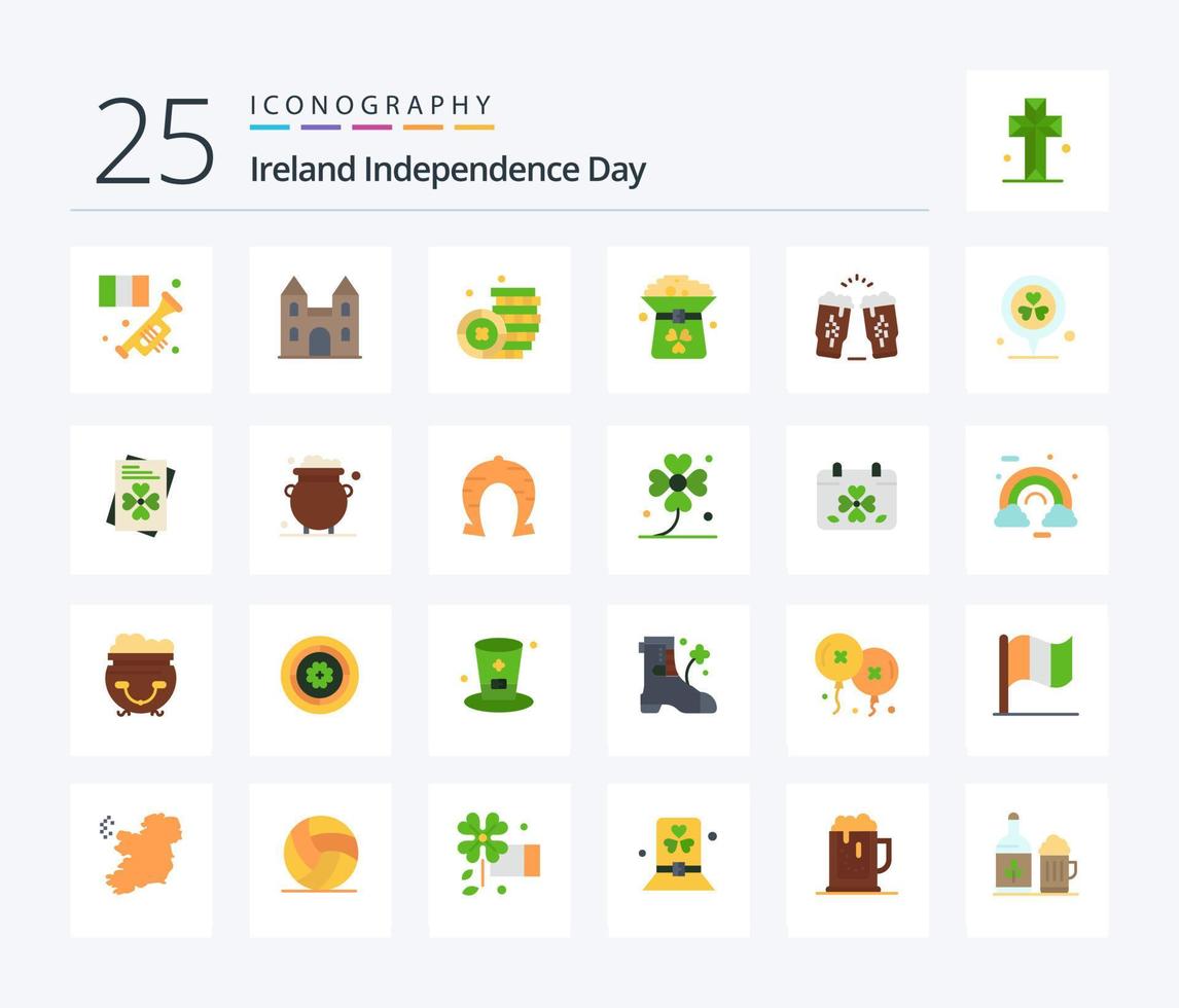 Ierland onafhankelijkheid dag 25 vlak kleur icoon pak inclusief bier. hoed. kruis. groente. Klaver vector