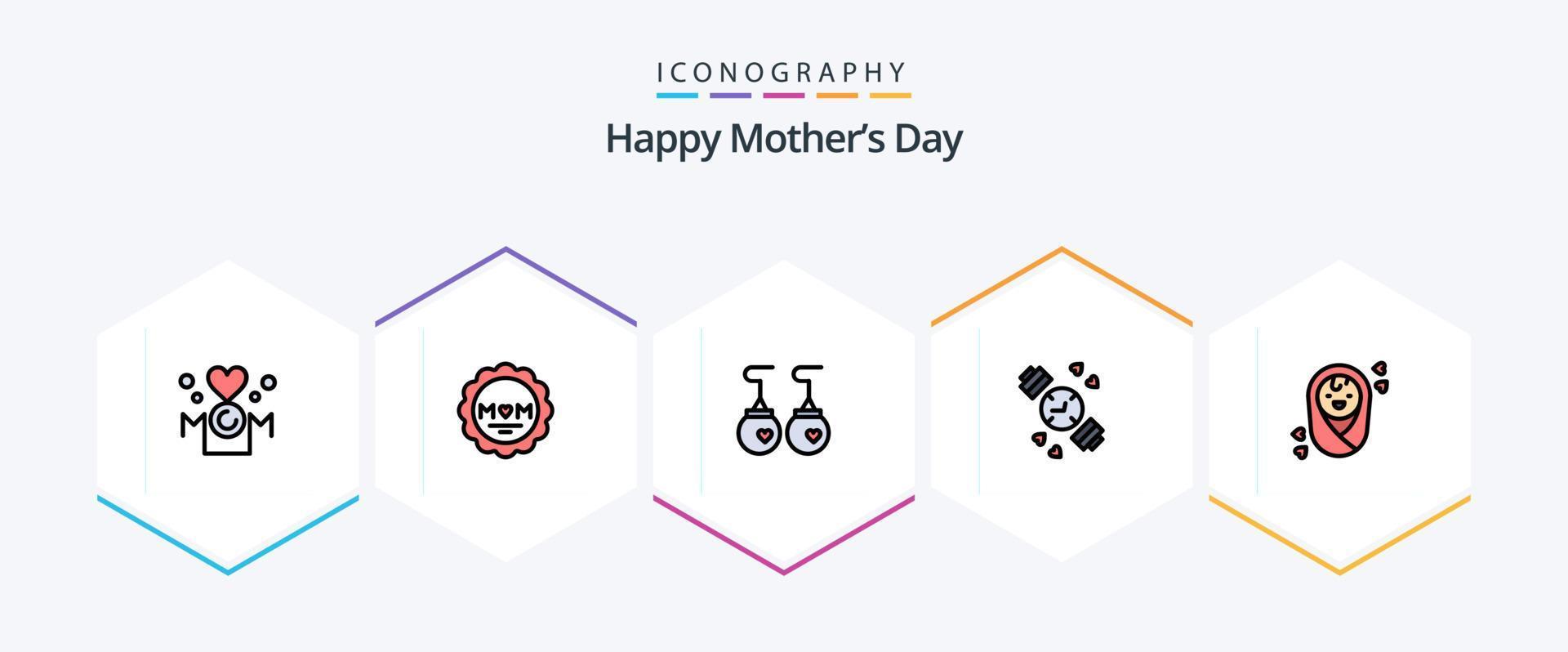 gelukkig moeders dag 25 gevulde lijn icoon pak inclusief kind. tijdopnemer. mama. hand- horloge. mode vector
