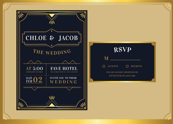 Zwart goud Art Deco bruiloft uitnodiging sjabloon Vector