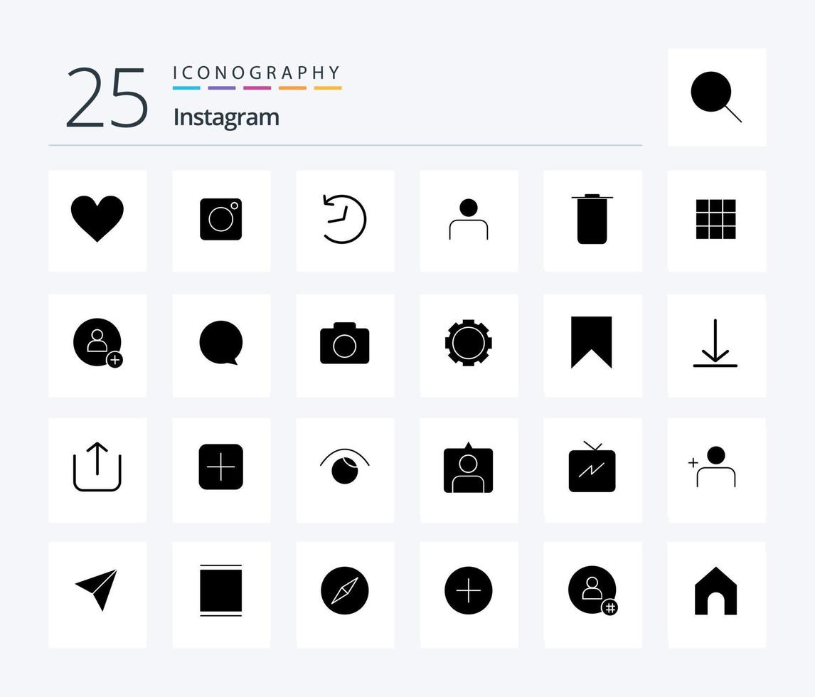 instagram 25 solide glyph icoon pak inclusief stelt. gebruiker. twitteren. stelt. mensen vector