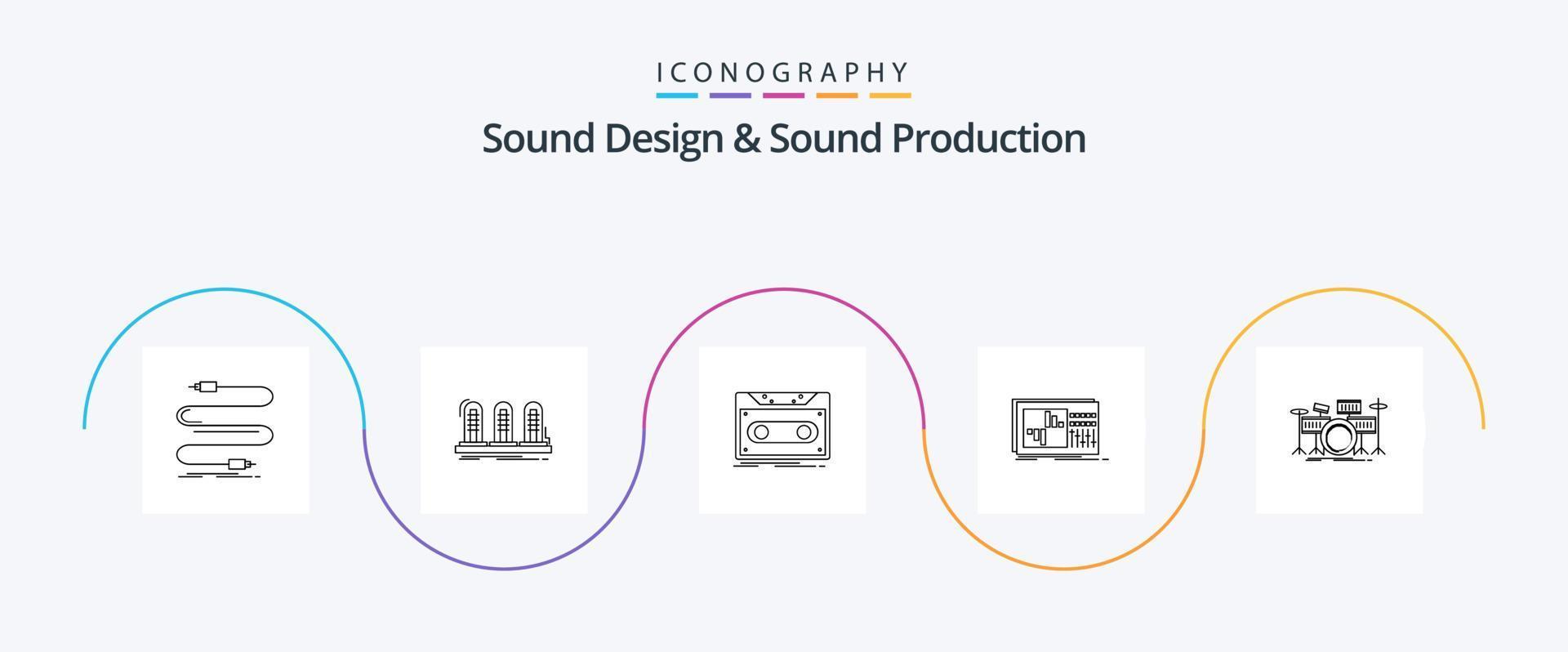 geluid ontwerp en geluid productie lijn 5 icoon pak inclusief gelijkmaker. dossier. geluid. plakband. demo vector