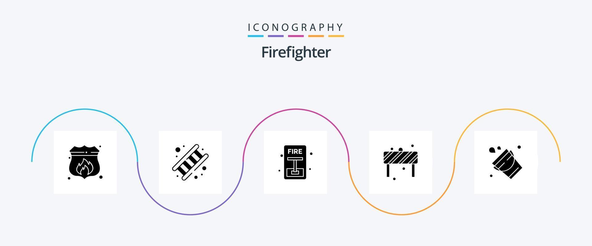 brandweerman glyph 5 icoon pak inclusief emmer. weg. trap. blok. brand vector