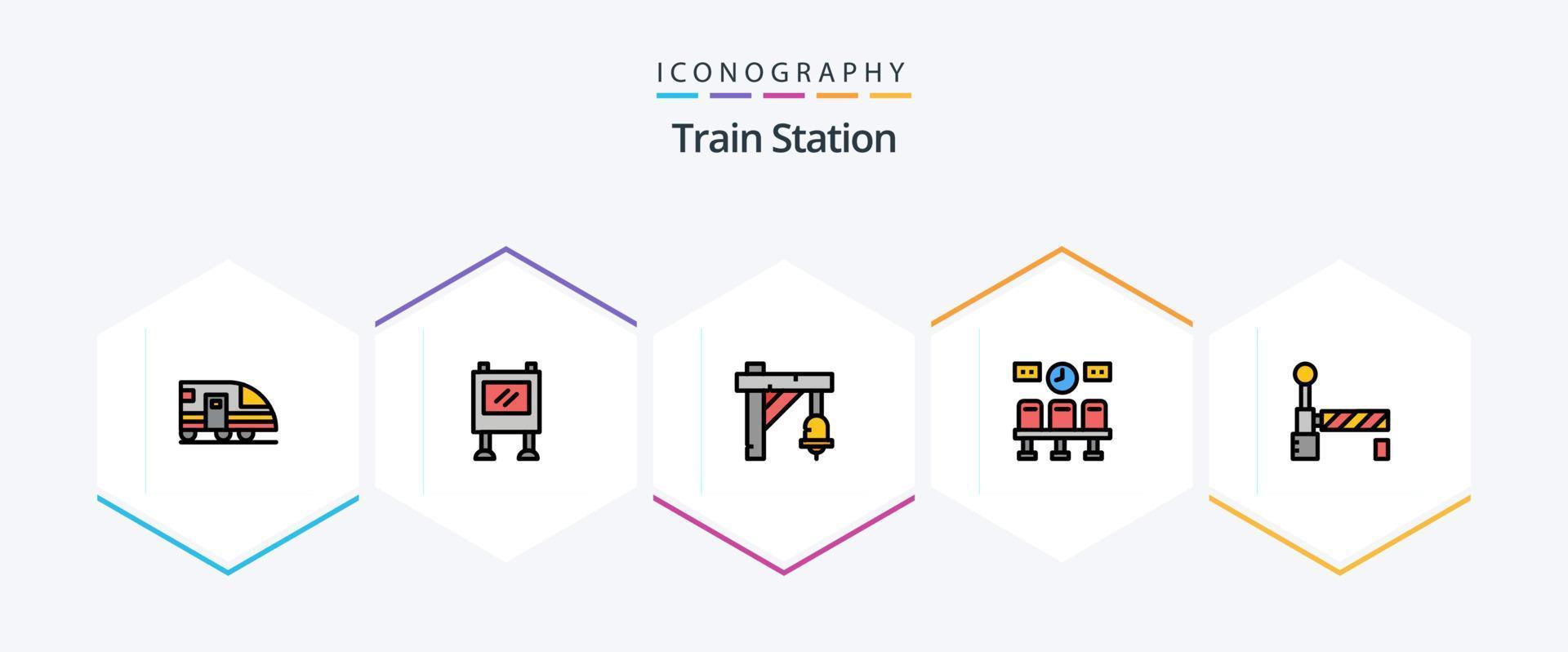 trein station 25 gevulde lijn icoon pak inclusief trein. klok. klok. vervoer. stoelen vector