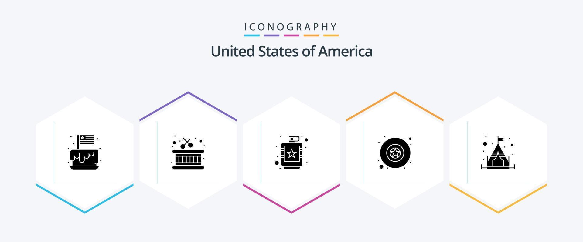 Verenigde Staten van Amerika 25 glyph icoon pak inclusief camping. ster. alcoholisch. leger. vloeistof vector