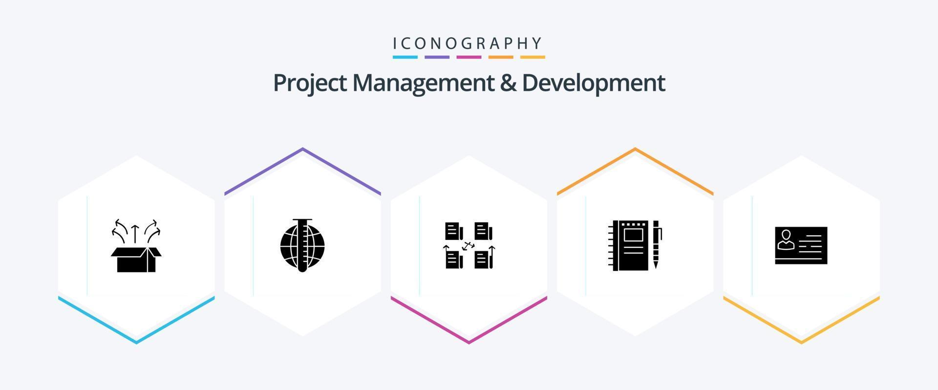 project beheer en ontwikkeling 25 glyph icoon pak inclusief notebook. schetsen notitieboekje . markt. privacy. map vector