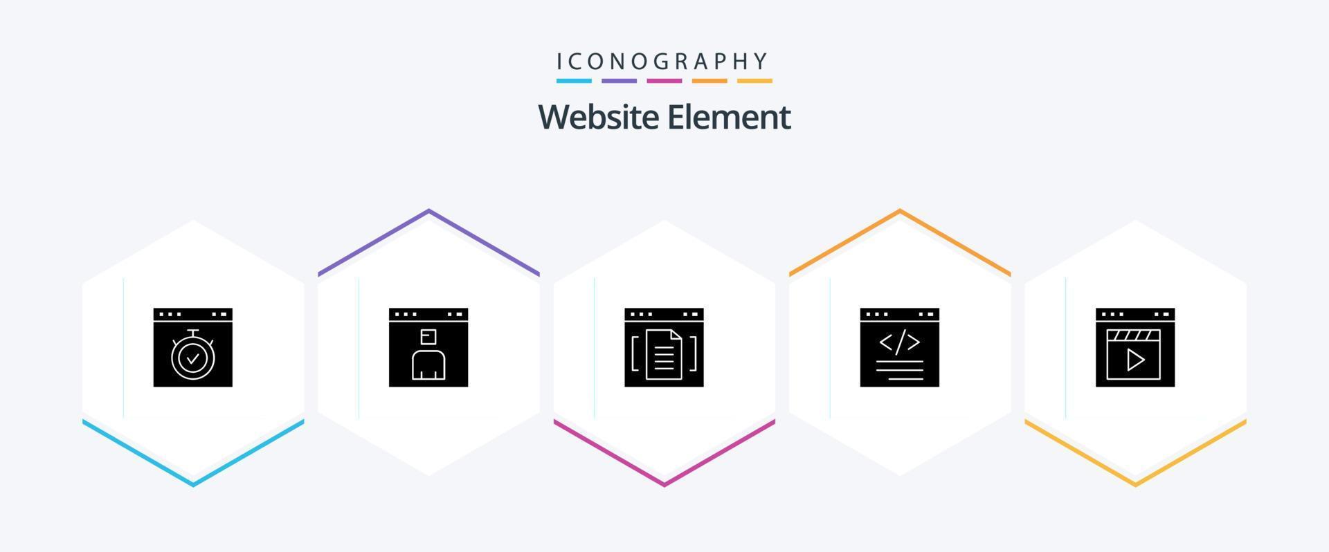 website element 25 glyph icoon pak inclusief codering. browser. bladzijde. koppel. document vector