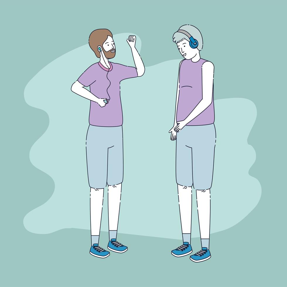 jonge mannen luisteren naar muziek met spelerspersonages vector