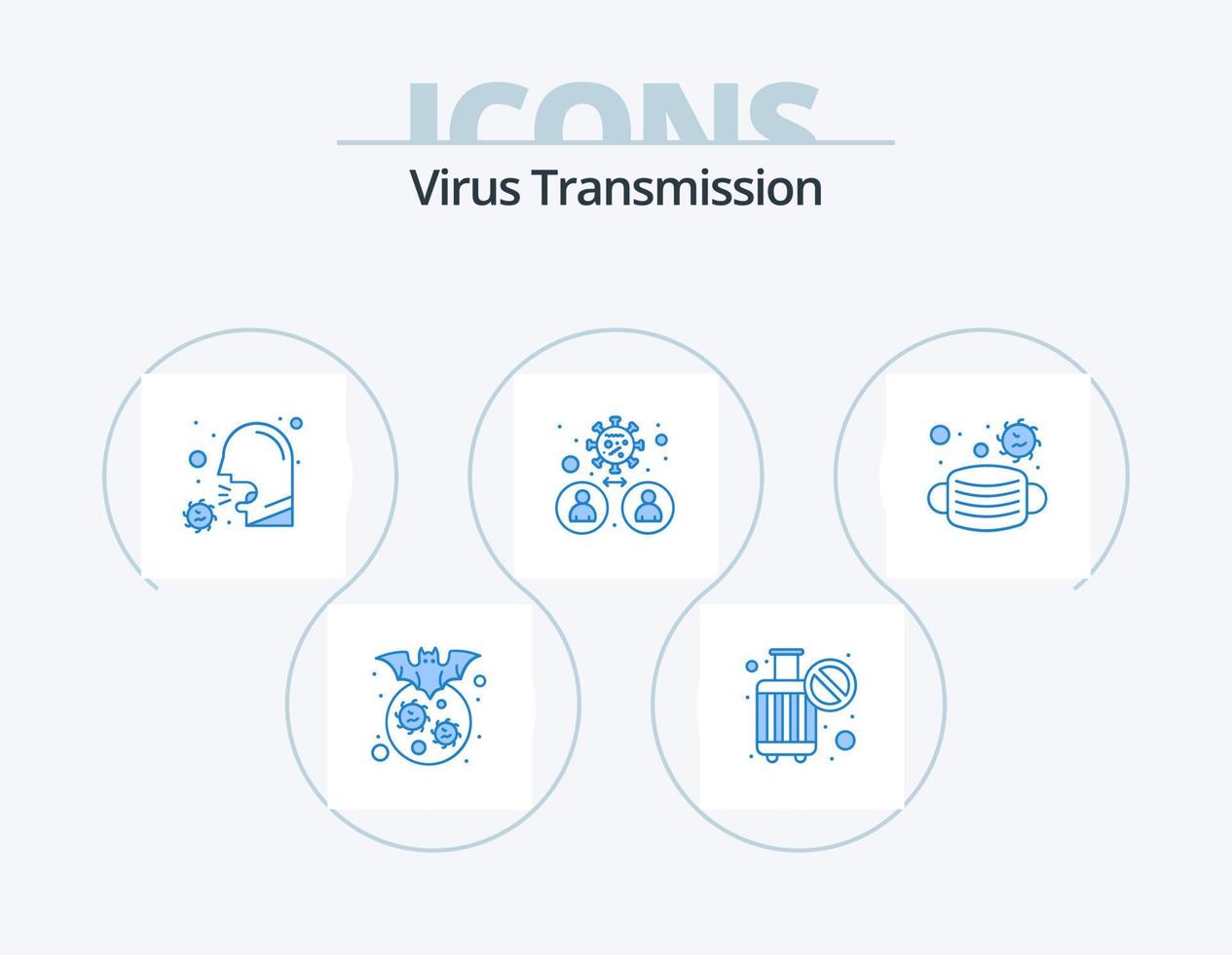 virus transmissie blauw icoon pak 5 icoon ontwerp. masker. overdragen. hoesten. mensen. bacterie vector