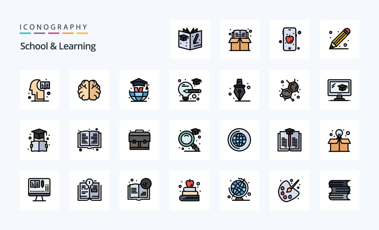 25 school- en aan het leren lijn gevulde stijl icoon pak vector