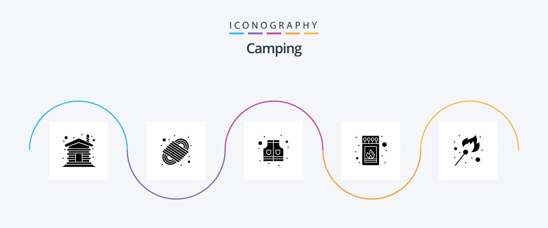camping glyph 5 icoon pak inclusief aansteker. brand. jasje. stok. brand vector