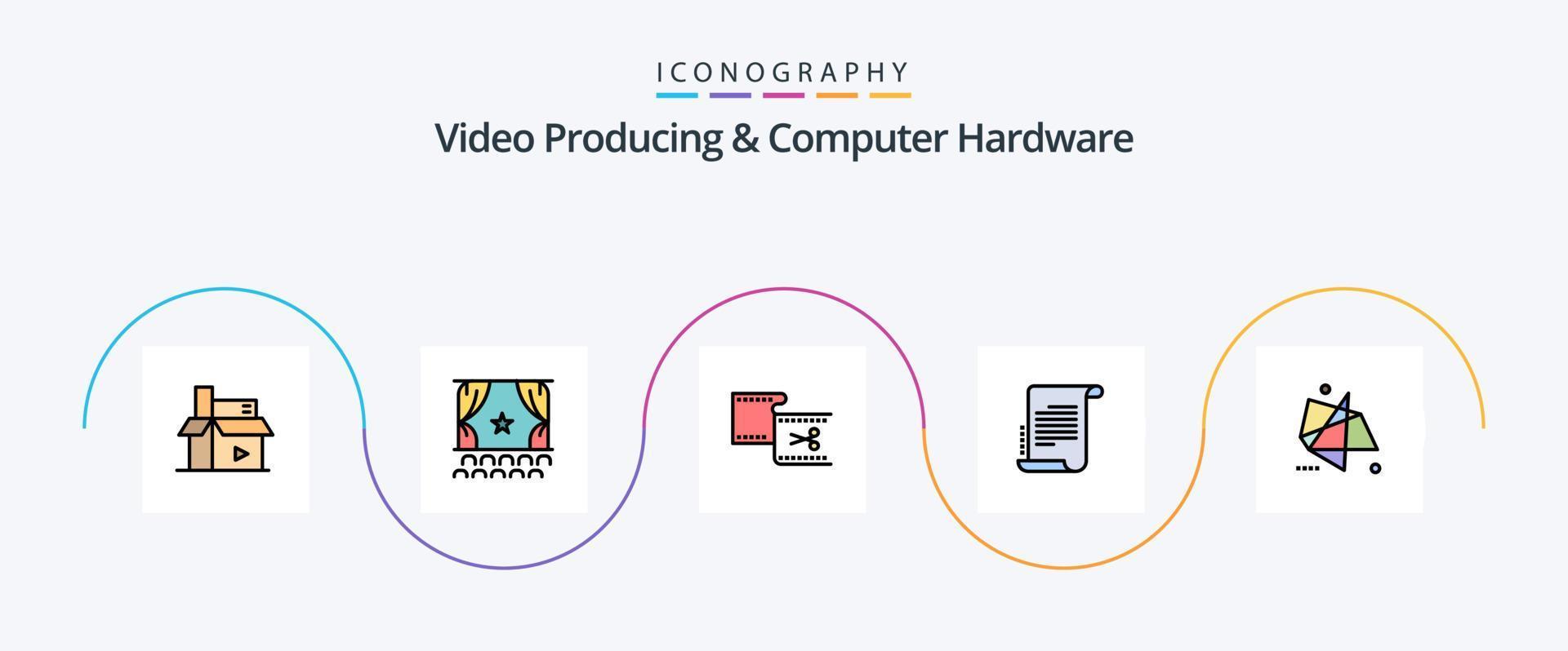 video produceren en computer hardware lijn gevulde vlak 5 icoon pak inclusief scenario. besluit. prestatie. film. Bewerk vector