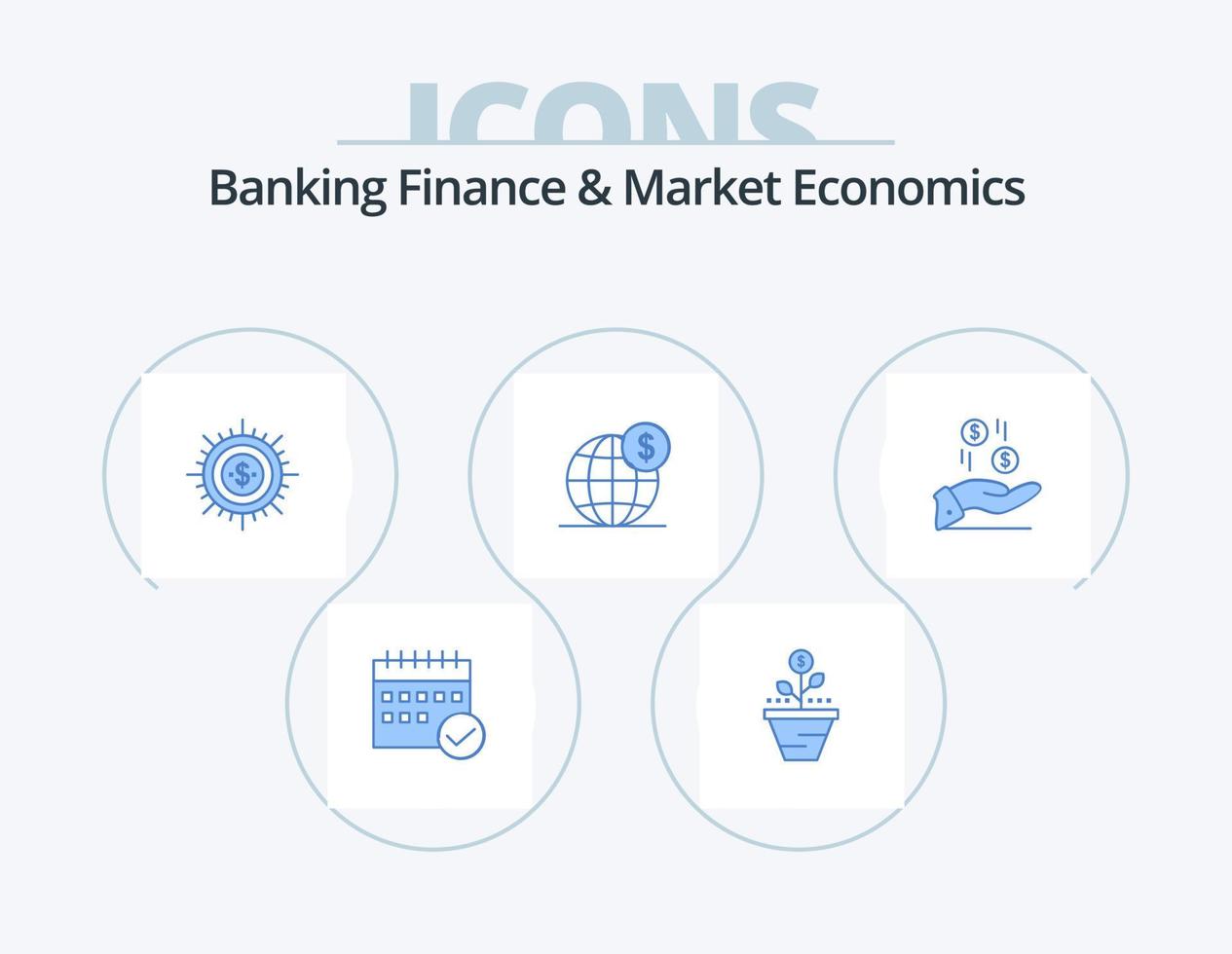 bank financiën en markt economie blauw icoon pak 5 icoon ontwerp. contant geld. geld. bedrijf. salarisverhoging. groeit vector