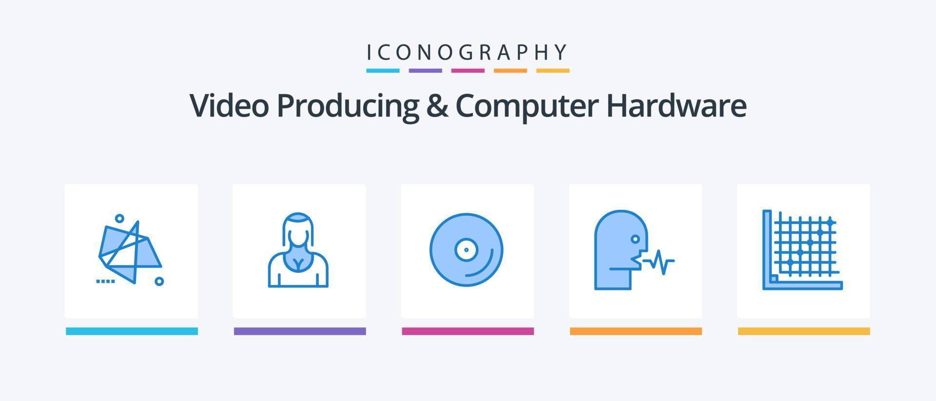 video produceren en computer hardware blauw 5 icoon pak inclusief toespraak. menselijk. meisje. geluid. media. creatief pictogrammen ontwerp vector