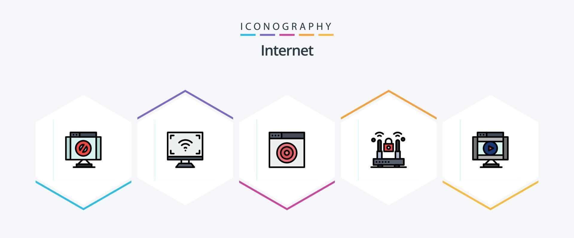 internet 25 gevulde lijn icoon pak inclusief film. bescherming. TV. op slot doen. misdrijf vector