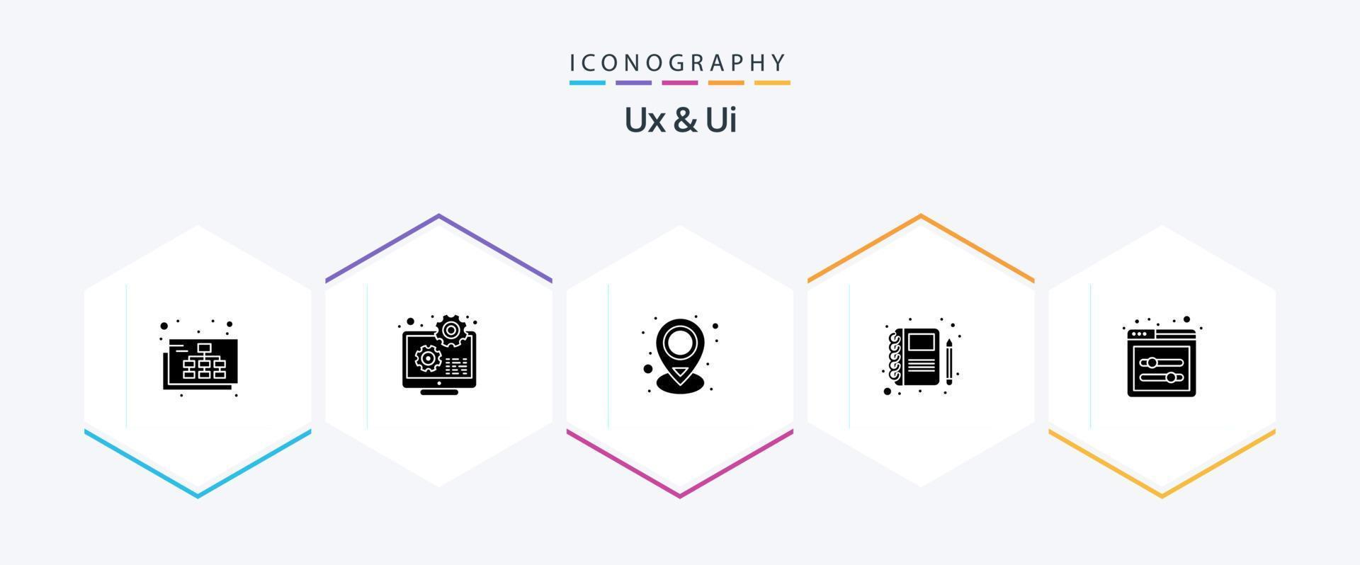 ux en ui 25 glyph icoon pak inclusief ui schuifregelaars. schetsen. ontwikkeling. portefeuille. plaats vector