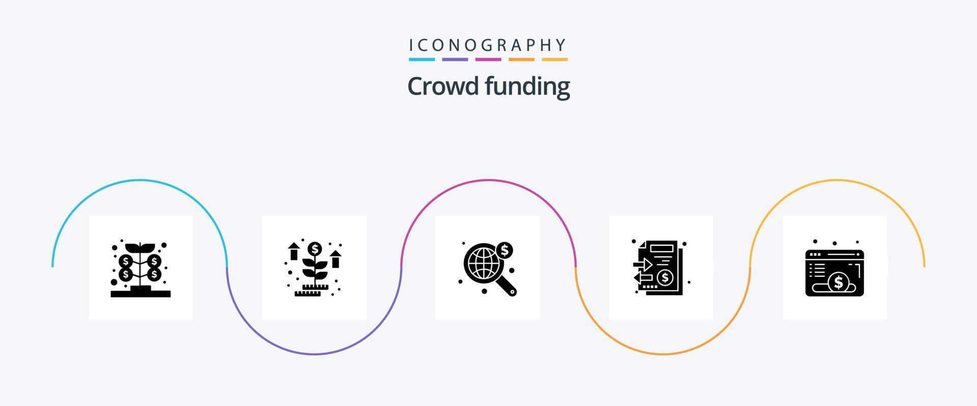 crowdfunding glyph 5 icoon pak inclusief webpagina. geld. zoeken. stapel. documenten vector