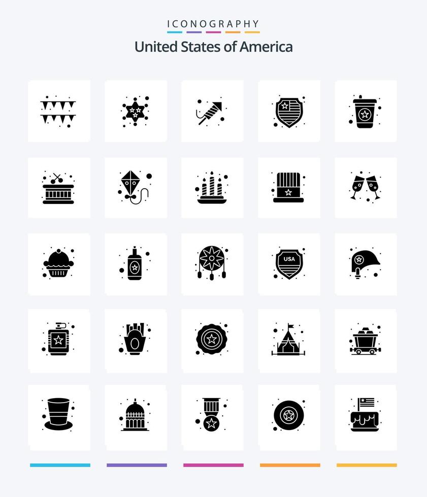 creatief Verenigde Staten van Amerika 25 glyph solide zwart icoon pak zo net zo trommel. drankje. geloof. drank. bescherming vector