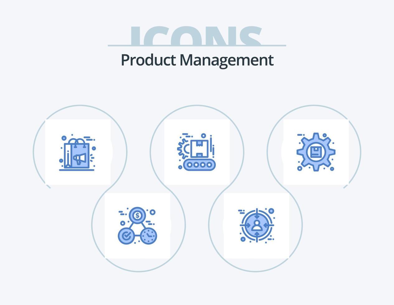 Product beheer blauw icoon pak 5 icoon ontwerp. versnelling. productie. tas. fabriek. campagne vector