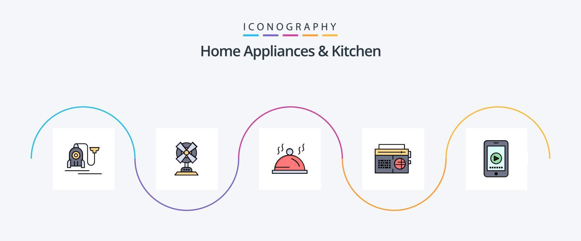 huis huishoudelijke apparaten en keuken lijn gevulde vlak 5 icoon pak inclusief cel . media. hotel. geluid. radio vector