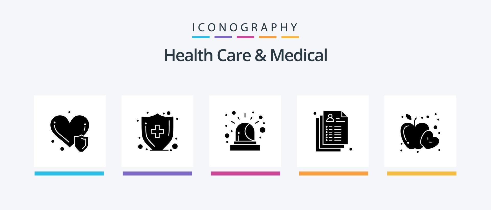 Gezondheid zorg en medisch glyph 5 icoon pak inclusief Gezondheid. voedsel. noodgeval. appel. medisch. creatief pictogrammen ontwerp vector