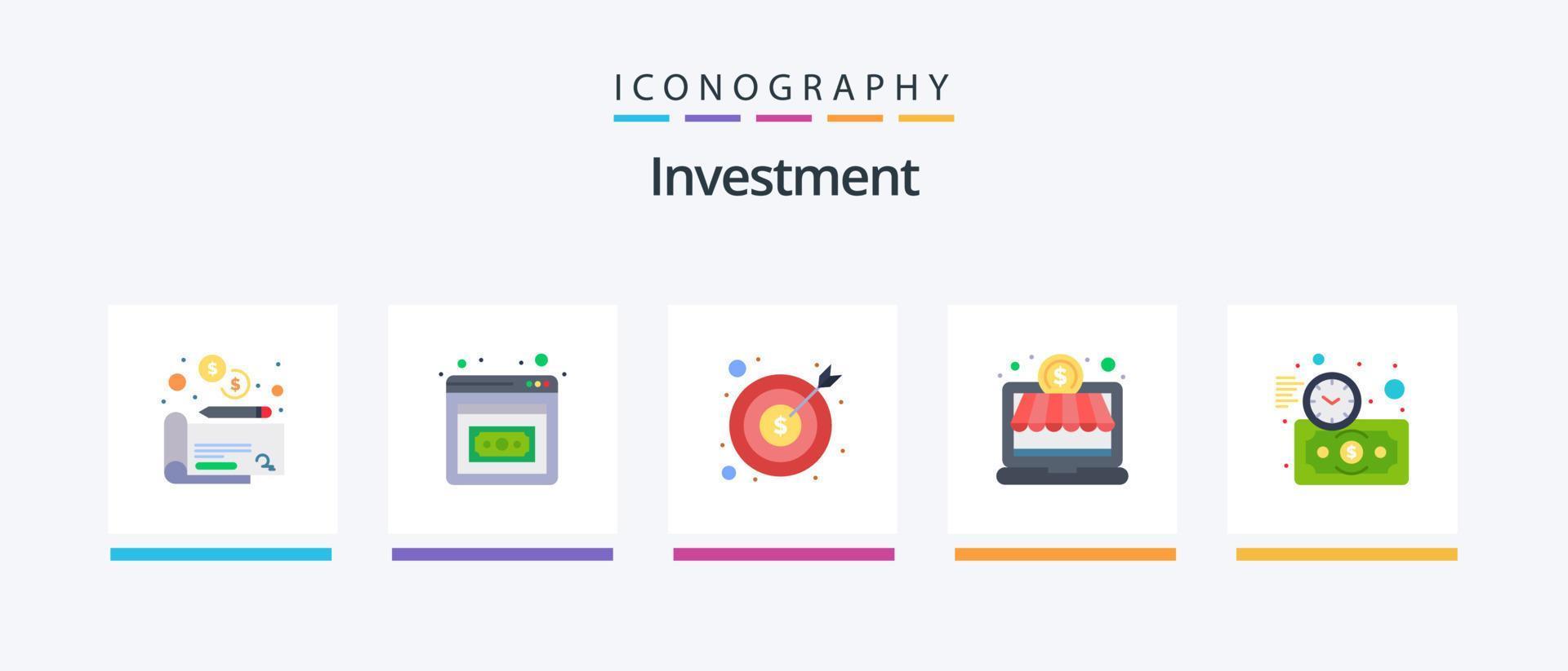 investering vlak 5 icoon pak inclusief tijd. investering. contant geld. begroting schatting. investering. creatief pictogrammen ontwerp vector