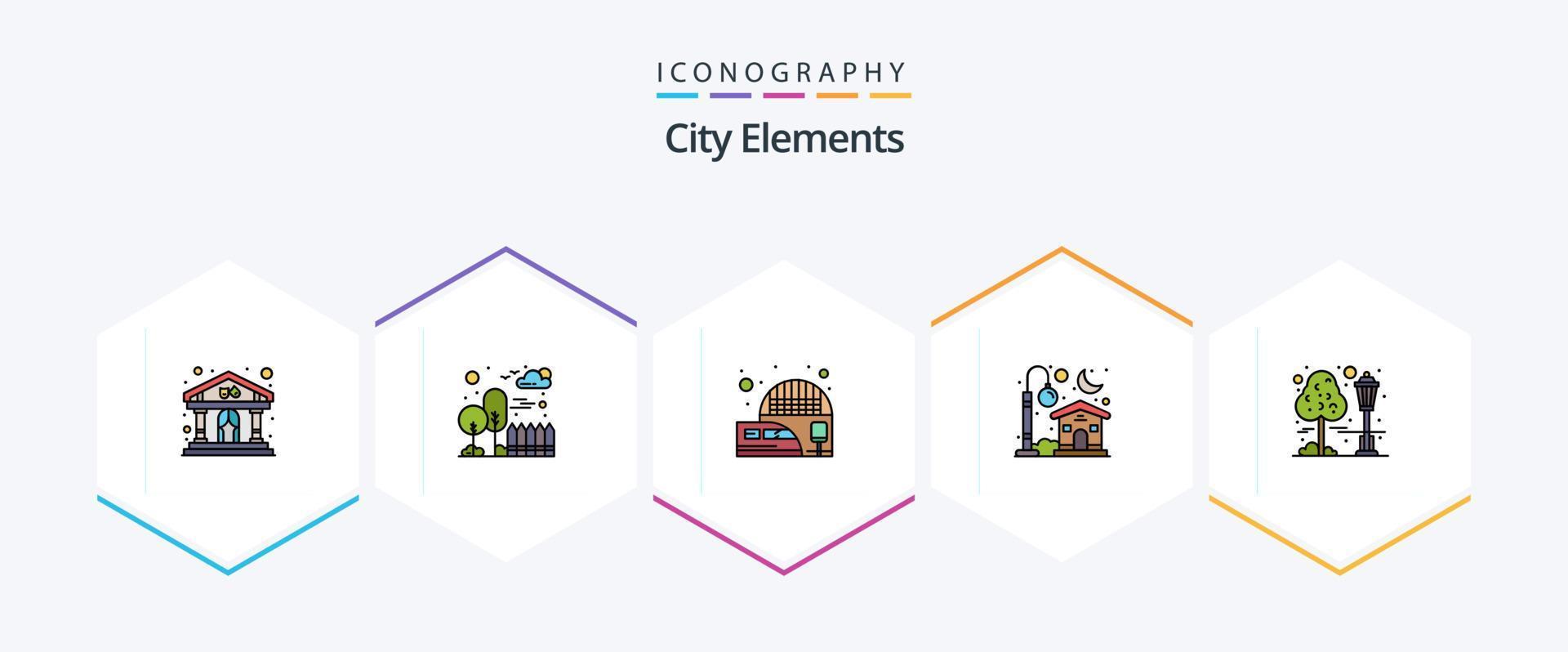 stad elementen 25 gevulde lijn icoon pak inclusief stad. maan. spoorweg station. licht. huis vector