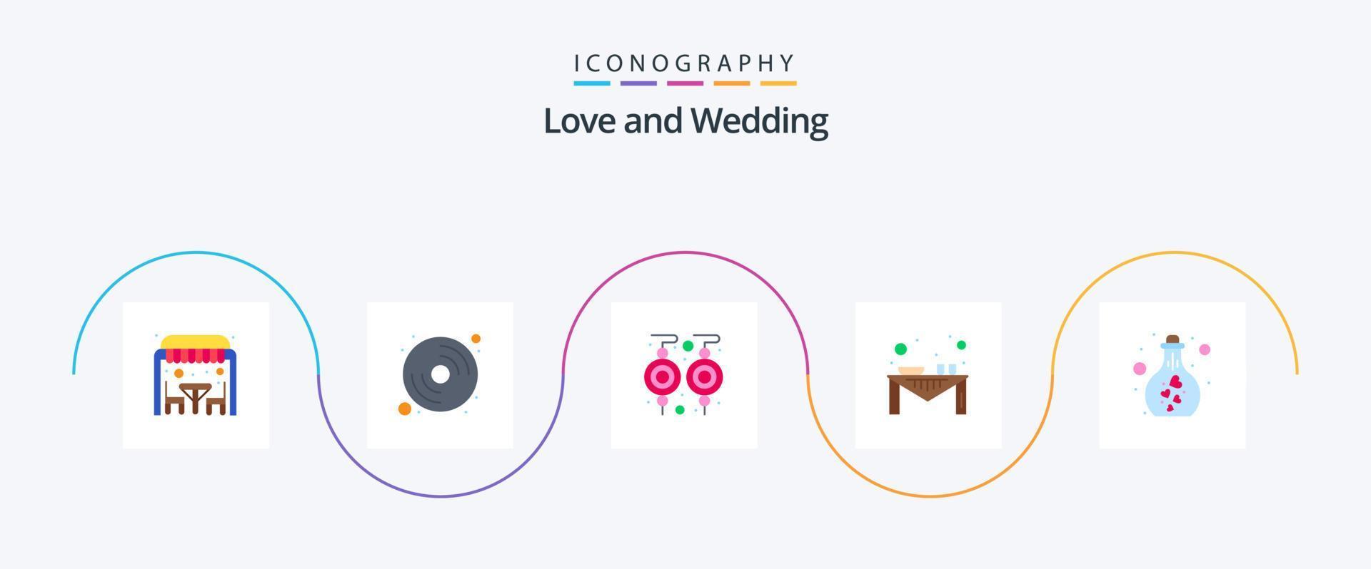 bruiloft vlak 5 icoon pak inclusief fles. avondeten tafel. oorbellen. feest. avondeten vector