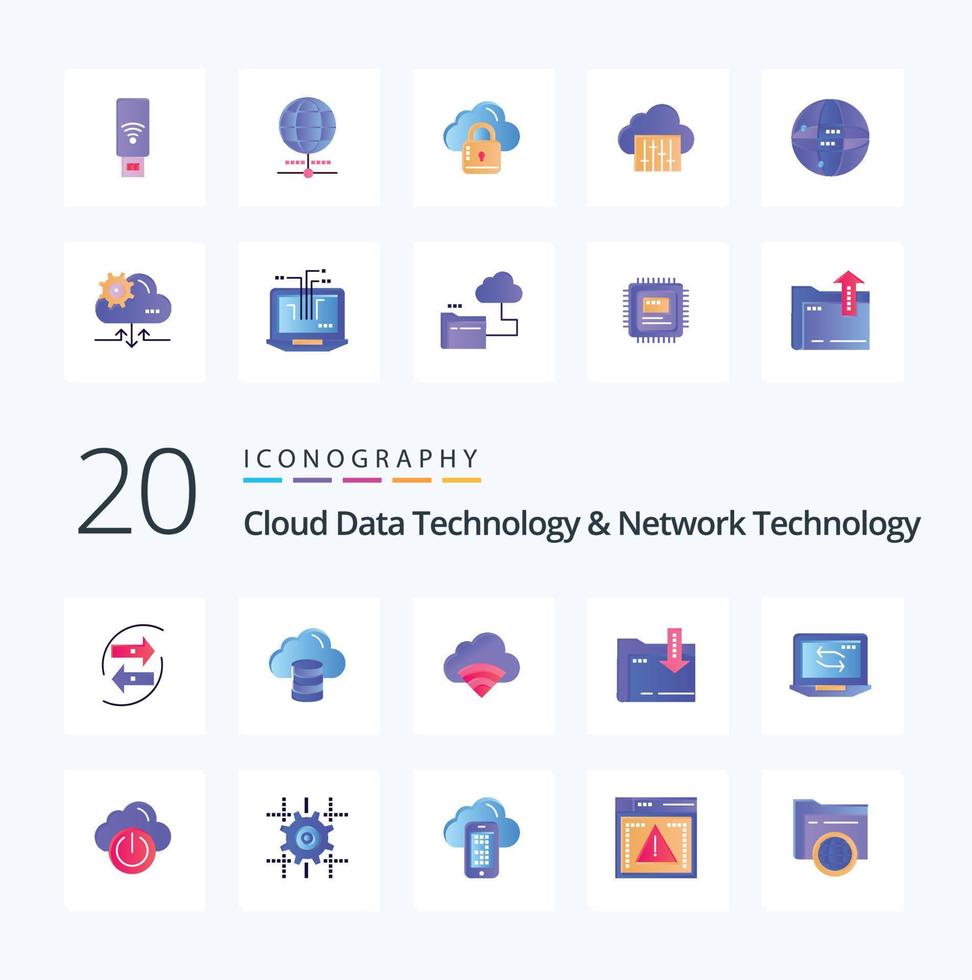 20 wolk gegevens technologie en netwerk technologie vlak kleur icoon pak Leuk vinden pijl dawonlod geld map Wifi vector