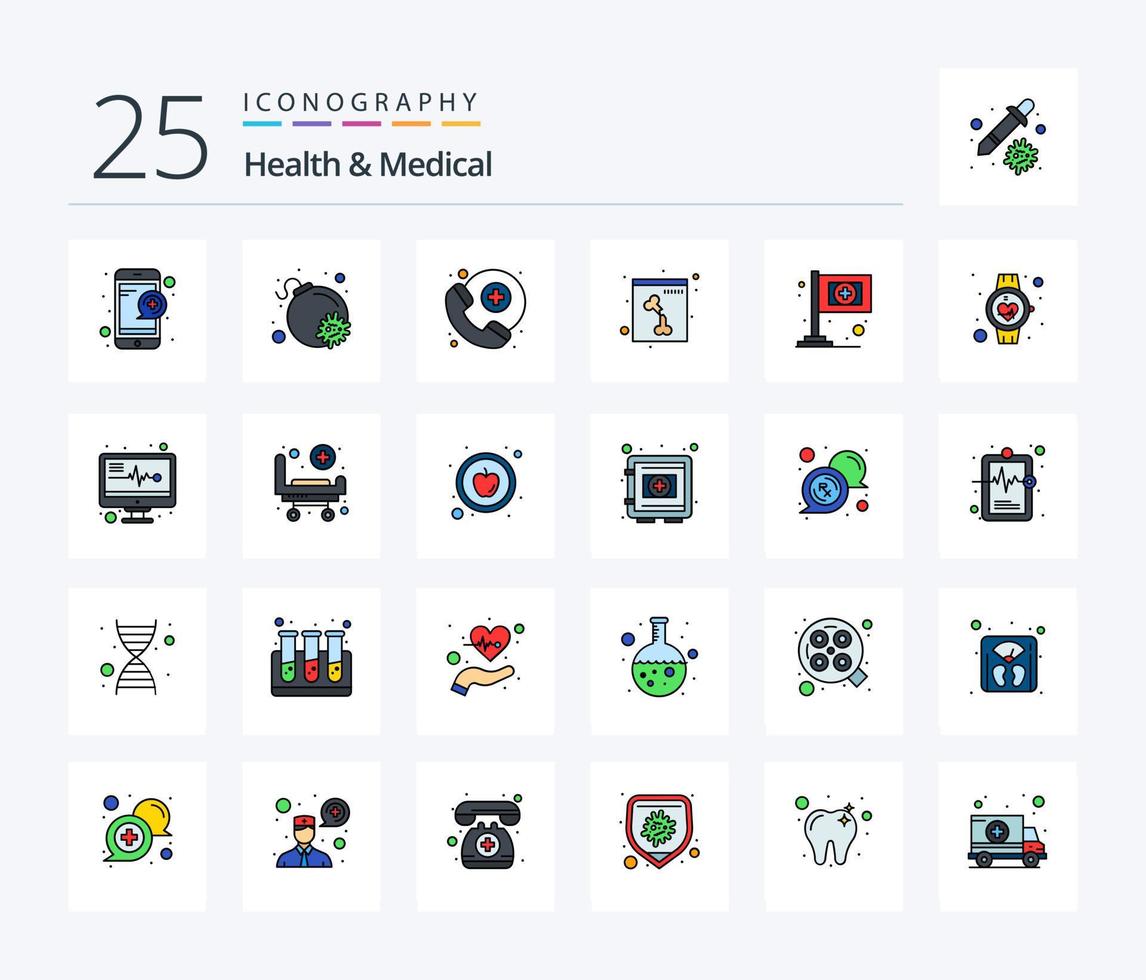 Gezondheid en medisch 25 lijn gevulde icoon pak inclusief gezondheidszorg. medisch. medisch bijstand. vlag. x-ray vector