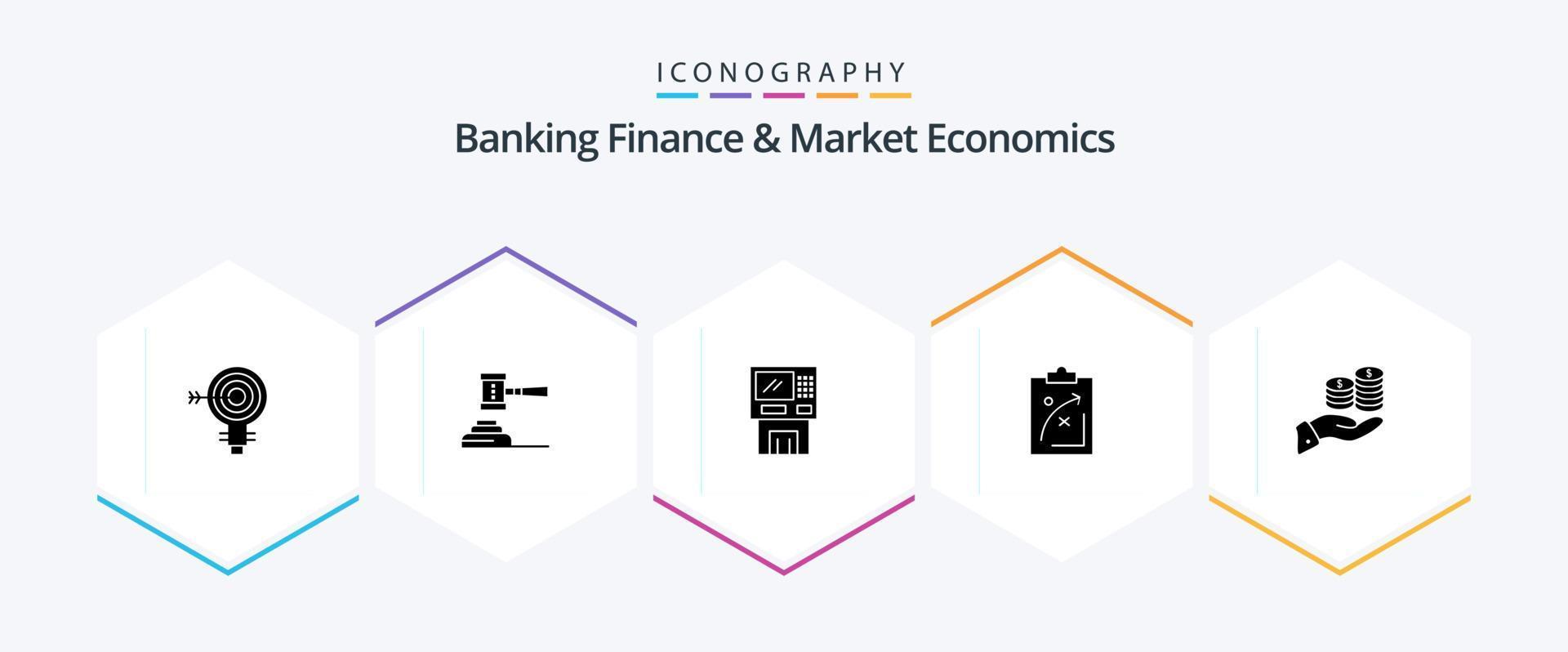 bank financiën en markt economie 25 glyph icoon pak inclusief geldautomaat. bankomat. veiling. Geldautomaat. rechter vector