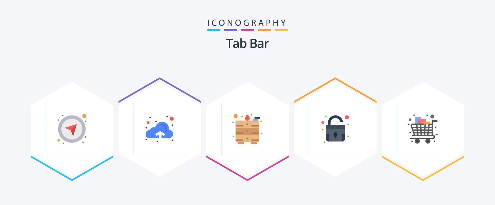 tab bar 25 vlak icoon pak inclusief karretje. boodschappen. kantoor. vol. ontgrendelen vector