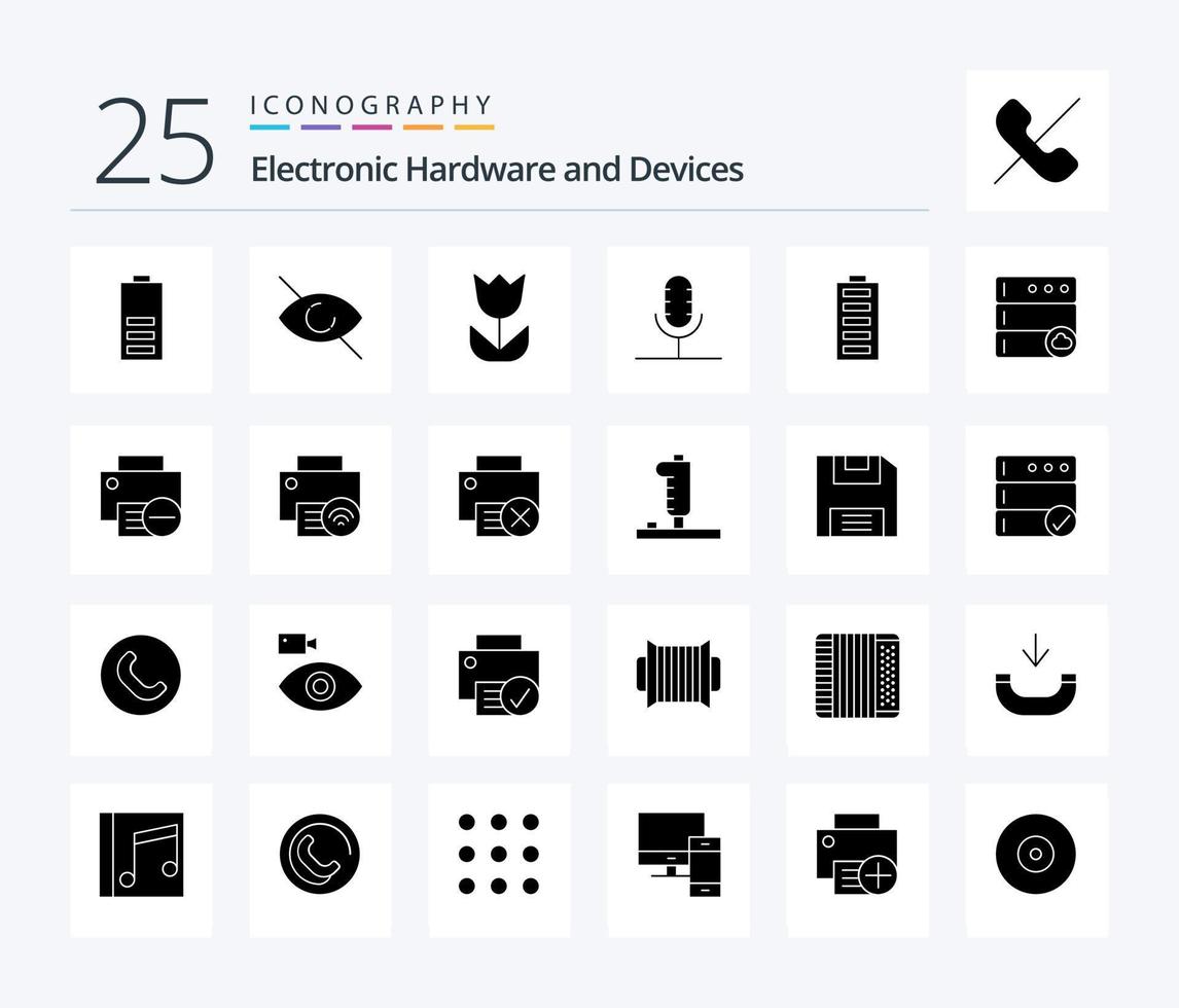 apparaten 25 solide glyph icoon pak inclusief accu. microfoon. camera. microfoon. audio vector