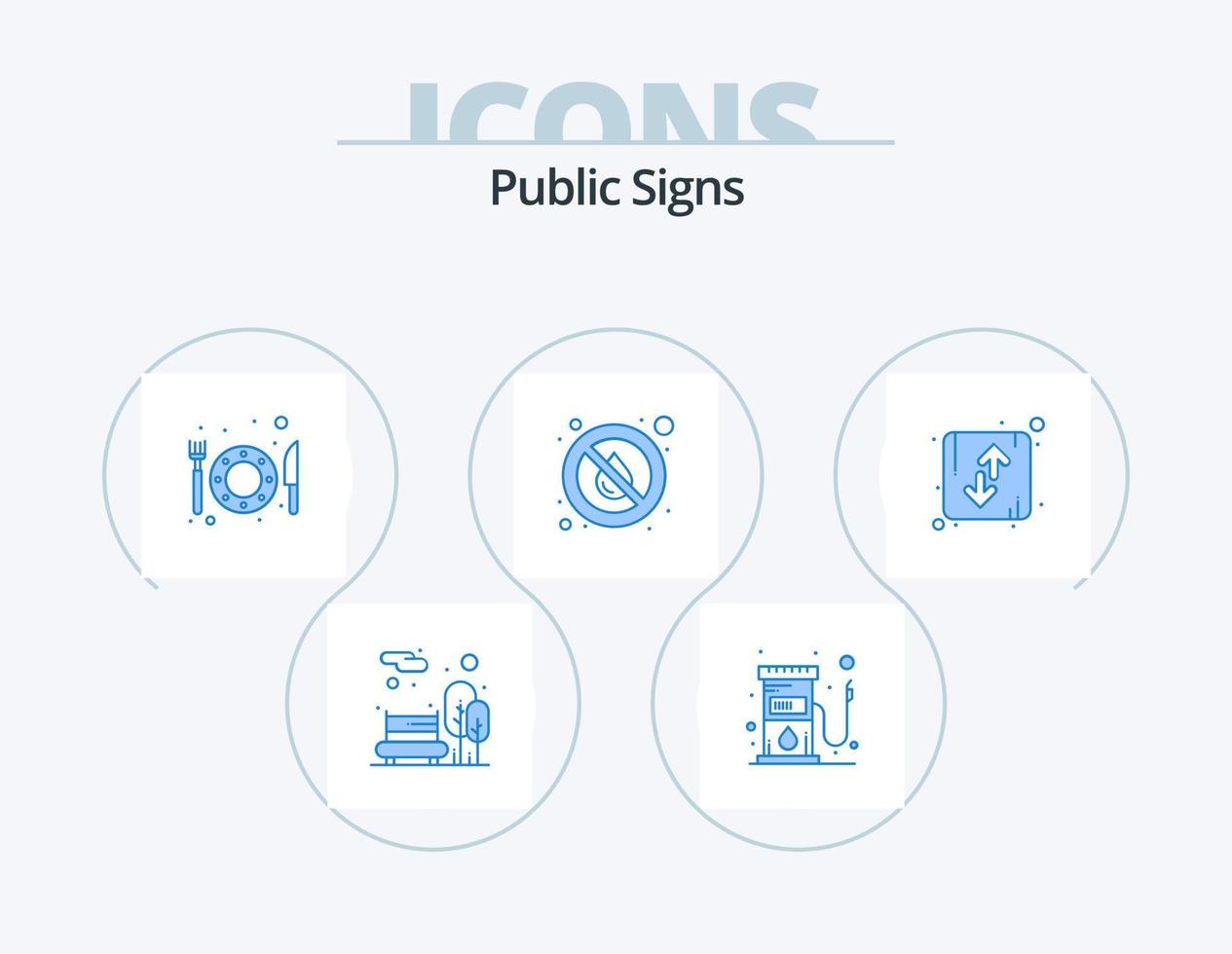 openbaar tekens blauw icoon pak 5 icoon ontwerp. richting. het weer. voedsel. water. Nee vector