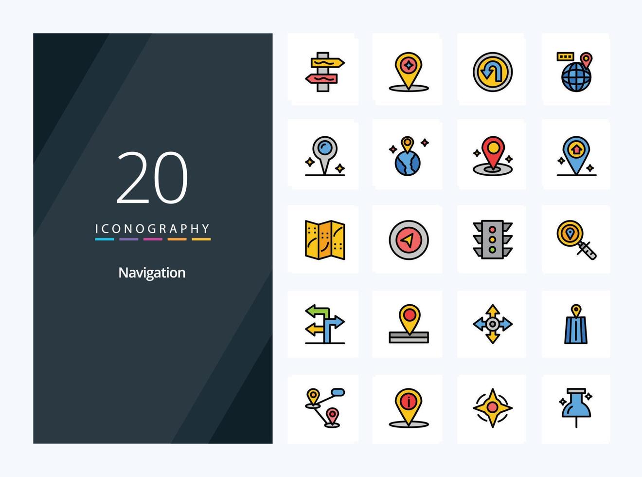 20 navigatie lijn gevulde icoon voor presentatie vector