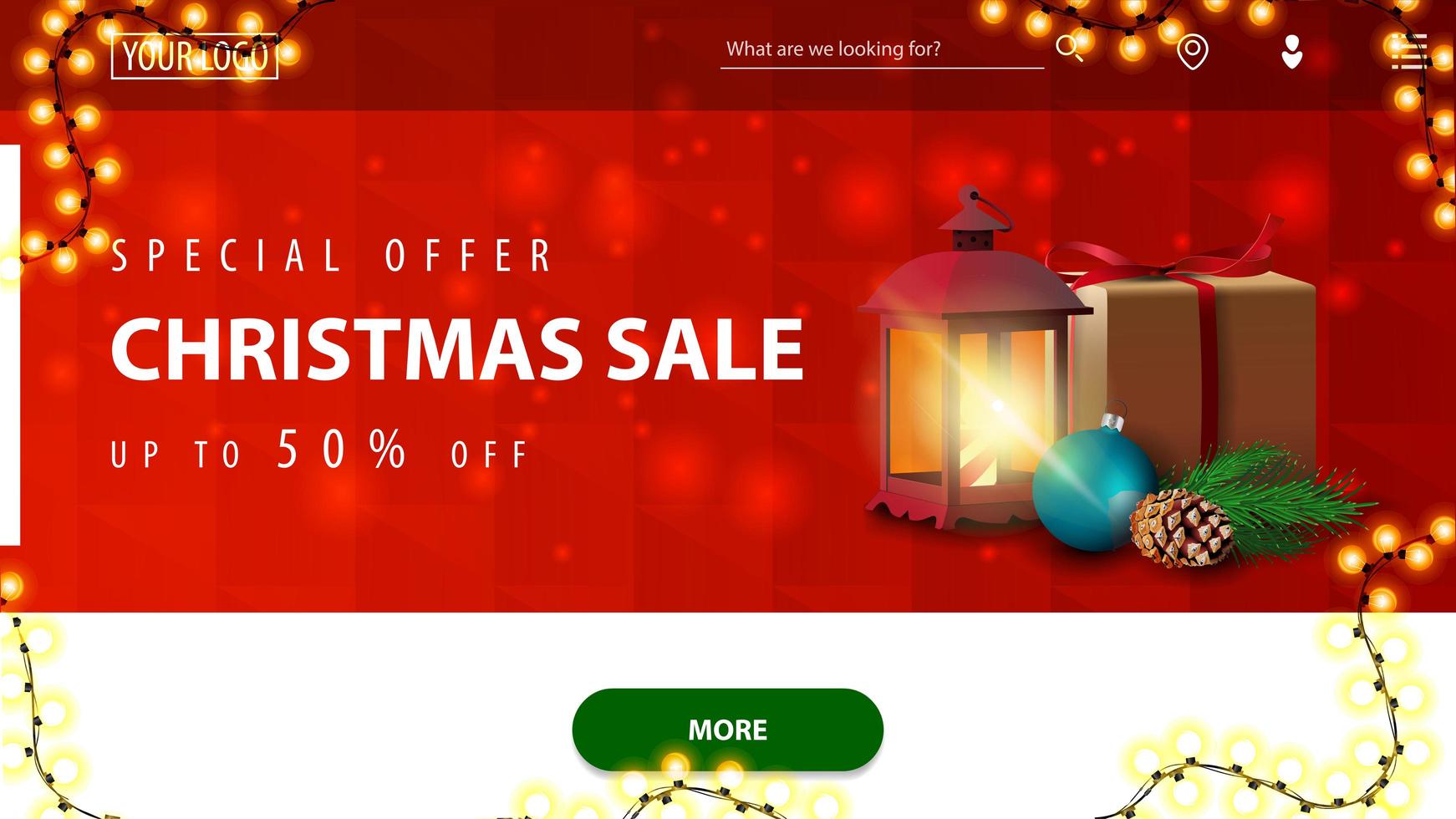 speciale aanbieding, kerstuitverkoop, tot 50 korting, rode en witte kortingsbanner voor website met veelhoekige textuur, slinger, groene knop en antieke lamp met cadeau vector