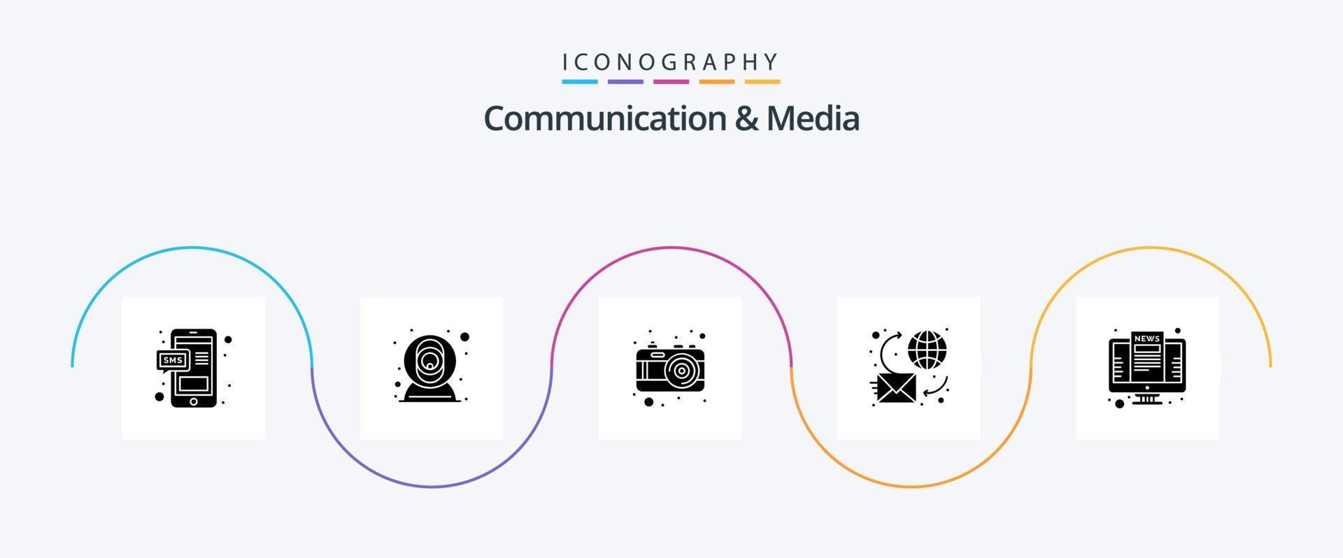 communicatie en media glyph 5 icoon pak inclusief wereld. globaal. camera. chatten. afbeelding vector