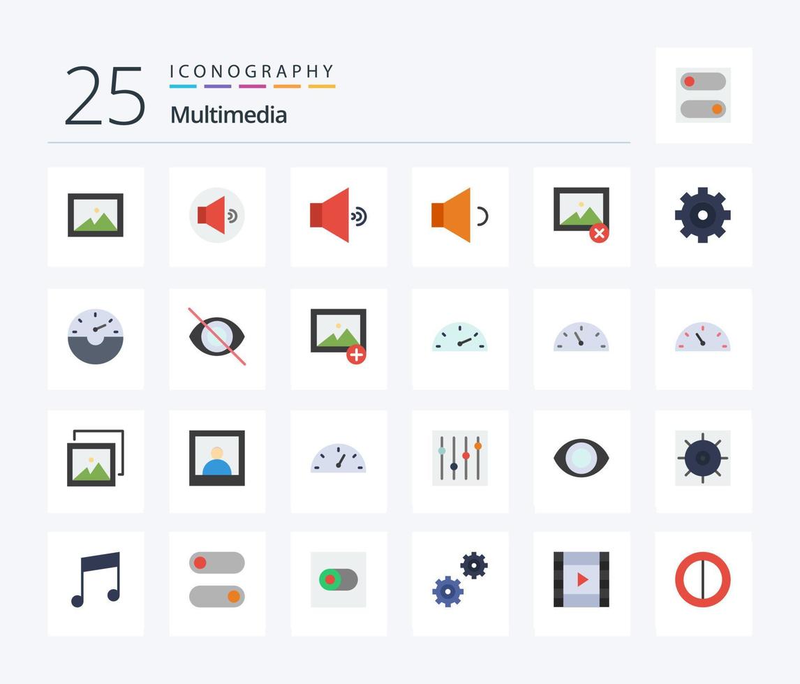 multimedia 25 vlak kleur icoon pak inclusief verbergen. uitzetten. foto. snelheid. scheutje vector