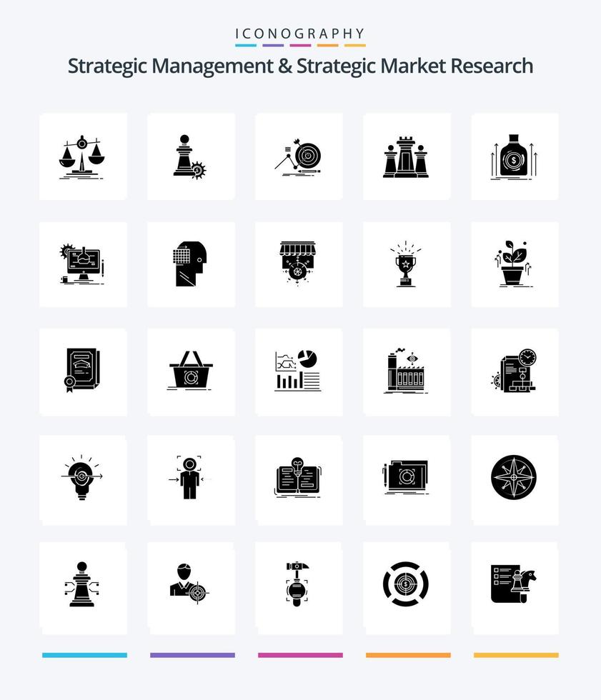 creatief strategisch beheer en strategisch markt Onderzoek 25 glyph solide zwart icoon pak zo net zo technologie. strategie. succes. computer. focus vector