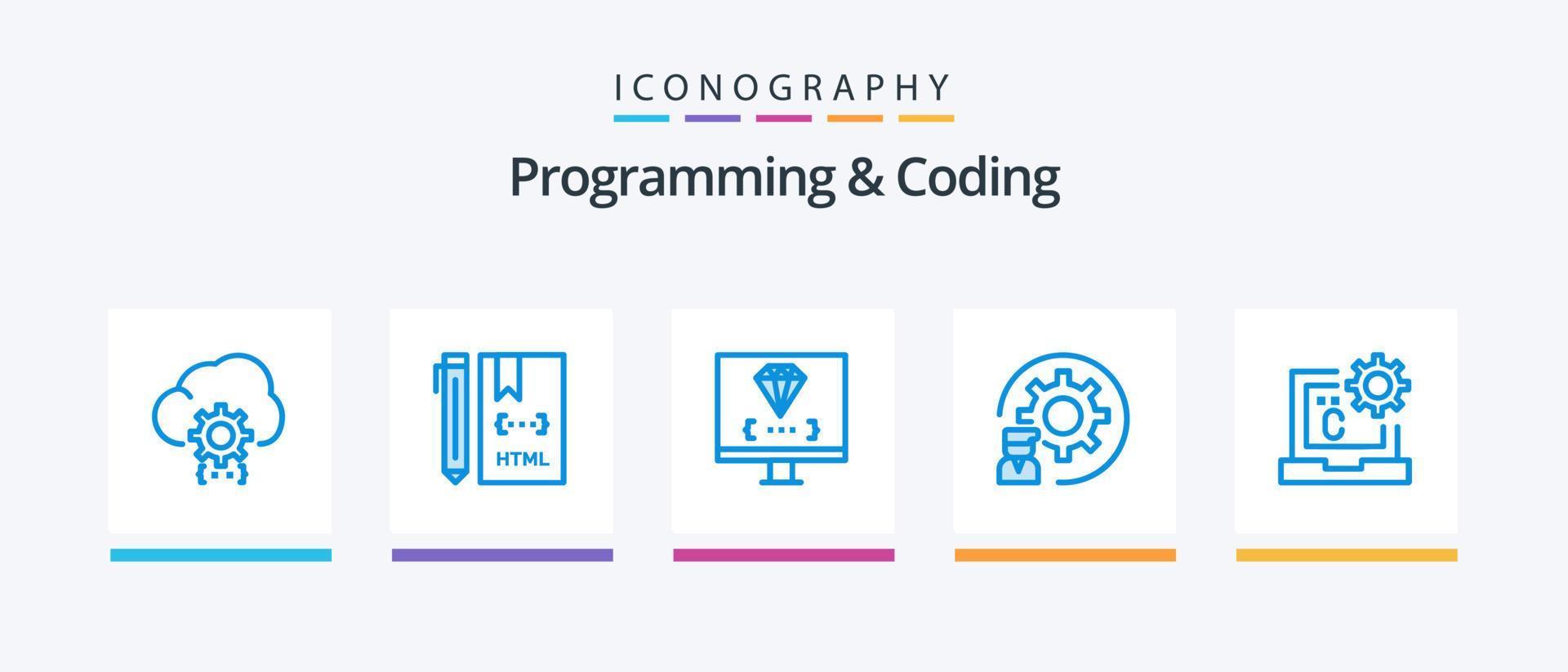 programmering en codering blauw 5 icoon pak inclusief ontwikkeling. codering. ontwikkeling. programmeren. ontwikkelen. creatief pictogrammen ontwerp vector
