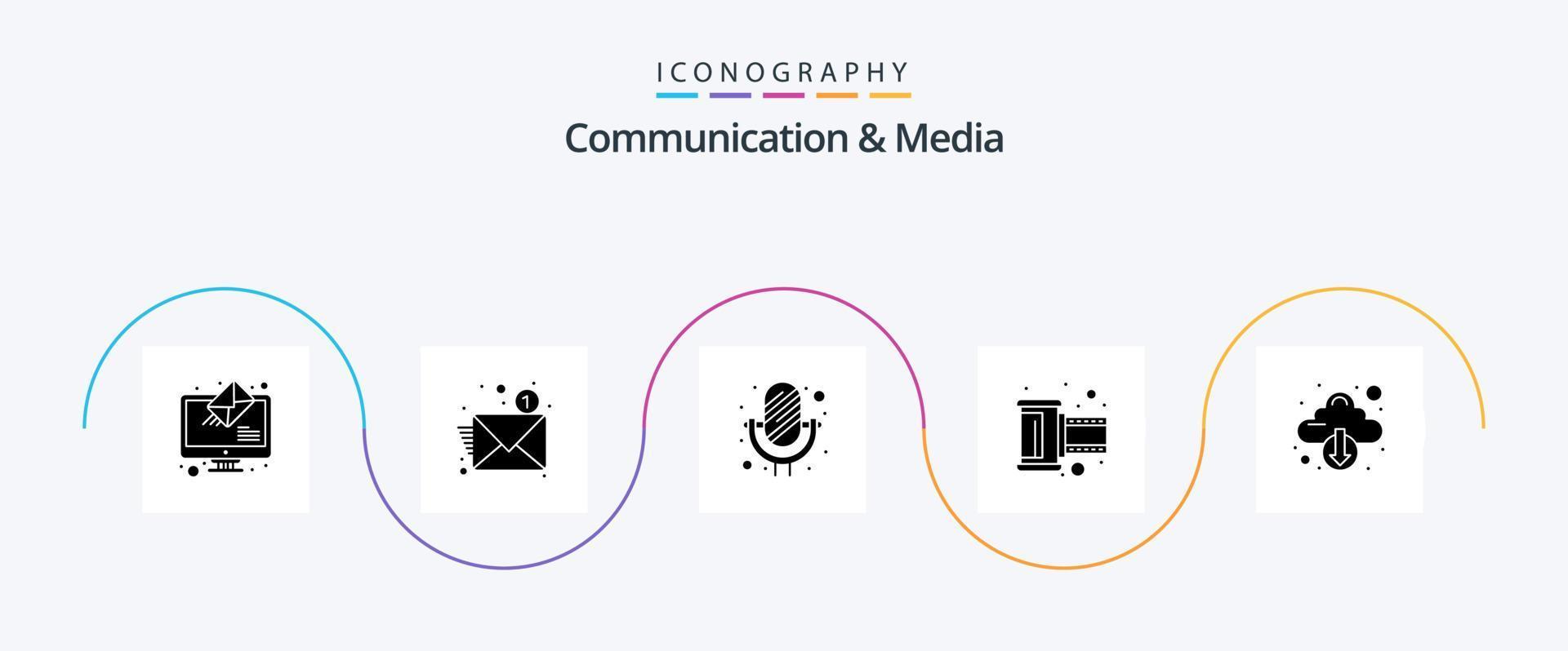 communicatie en media glyph 5 icoon pak inclusief omlaag. negatief plakband. microfoon. haspel. film vector